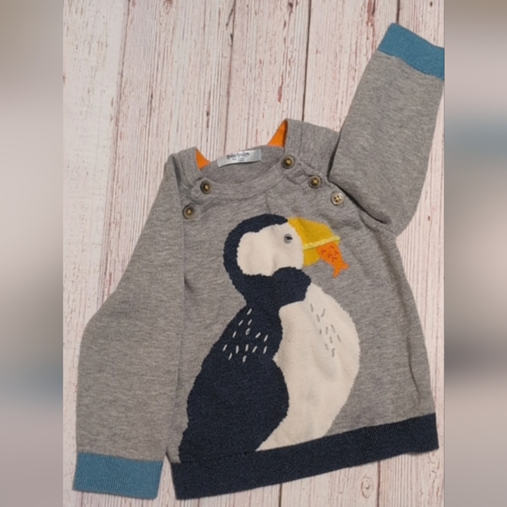 Baby Boden Gray Puffin Sweater with Button Detail
